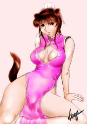 Rule 34 | 1futa, animal ears, breasts, brown hair, bulge, china dress, chinese clothes, cleavage, dress, futanari, newhalf, red eyes, solail (faya), solo, tail, thighs