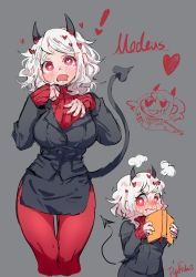 Rule 34 | 1girl, black horns, black suit, blush, breasts, demon girl, demon horns, demon tail, flyflyfishartwork, heart, heart-shaped pupils, helltaker, highres, horns, large breasts, long sleeves, looking at viewer, modeus (helltaker), pantyhose, red eyes, red sweater, shirt, short hair, sleeves past wrists, solo, suit, sweater, symbol-shaped pupils, tail, turtleneck, wavy mouth, white hair