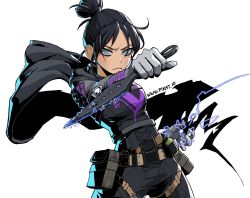 Rule 34 | 1girl, apex legends, black hair, blue eyes, highres, kunai, pikat, simple background, skin tight, weapon, white background, wraith (apex legends)