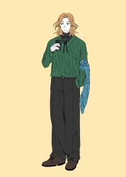Rule 34 | 1boy, absurdres, black pants, black shirt, blue scarf, bolo tie, brown footwear, brown hair, cellphone, closed mouth, delfuze, elias ainsworth, elias ainsworth (human), full body, green sweater, highres, holding, holding phone, long hair, mahou tsukai no yome, male focus, pants, phone, scarf, shirt, shoes, simple background, smartphone, solo, standing, sweater, unworn scarf, yellow background