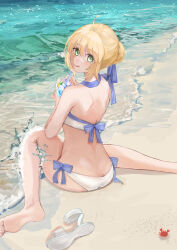 Rule 34 | 1girl, absurdres, ahoge, artoria pendragon (all), artoria pendragon (fate), artoria pendragon (swimsuit archer) (fate), artoria pendragon (swimsuit archer) (first ascension) (fate), ass, barefoot, beach, bikini, blonde hair, braid, breasts, butt crack, commentary request, crab, day, fate/grand order, fate (series), from behind, green eyes, hair ribbon, highres, looking at viewer, medium breasts, nainairo323, outdoors, ribbon, saber (fate), sandals, unworn sandals, sitting, slushie, smile, soles, solo, swimsuit, tongue, tongue out, wariza, white bikini