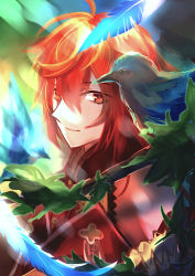 Rule 34 | 1boy, bird, blush, fate/grand order, fate (series), feathers, long hair, looking at viewer, male focus, rama (fate), red eyes, red hair, satoimo (3311 mi), smile, solo, trap