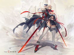 Rule 34 | 1girl, black cape, black gloves, black skirt, breasts, building, cape, cleavage, closed mouth, commentary, dust cloud, english commentary, english text, full body, gloves, grey thighhighs, highres, holding, holding sword, holding weapon, large breasts, light brown hair, long hair, mecha musume, mechanical arms, mechanical foot, midriff, nax, original, panties, pantyshot, red footwear, revealing clothes, shadow, skindentation, skirt, solo, standing, sword, thigh strap, thighhighs, underwear, weapon, white panties, yellow eyes