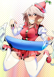 Rule 34 | 1girl, blush, breasts, brown hair, clenched teeth, covered erect nipples, dress, gradient background, halftone, halftone background, hat, instrument, keyboard (instrument), large breasts, looking at viewer, lyrica prismriver, musical note, orange eyes, red dress, sagattoru, short hair, smile, solo, star (symbol), teeth, thighhighs, touhou, treble clef, white thighhighs, wings