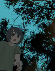 Rule 34 | 1girl, blue sky, brown eyes, chromatic aberration, commentary request, dappled sunlight, grey hair, highres, looking at viewer, looking down, open mouth, original, short hair, short sleeves, sky, solo, sunlight, tree, turquoise iro