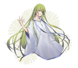 Rule 34 | 1other, androgynous, commentary, cropped legs, enkidu (fate), fate/grand order, fate/strange fake, fate (series), green eyes, green hair, grin, hand up, highres, hiiragi (karashriker), jewelry, long hair, long sleeves, looking at viewer, necklace, robe, smile, solo, very long hair, white background, white robe, wide sleeves