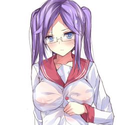 Rule 34 | 00s, 1girl, aged up, bespectacled, blue eyes, bonkiru, breasts, glasses, hiiragi kagami, large breasts, lucky star, purple hair, school uniform, see-through, serafuku, short hair, simple background, solo, twintails, white background