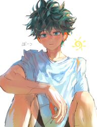 1boy black_shorts boku_no_hero_academia closed_mouth doodle_inset feet_out_of_frame freckles green_eyes green_hair hair_between_eyes highres male_focus melskels midoriya_izuku shirt short_hair short_sleeves shorts simple_background solo translation_request white_background white_shirt