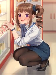 Rule 34 | 1girl, ahoge, awkward, black footwear, black pantyhose, blue scrunchie, blue skirt, blunt bangs, blush, brown hair, collared shirt, constricted pupils, dress shirt, drill hair, drill ponytail, embarrassed, fingernails, food, from side, full body, heel up, high heels, highres, id card, idolmaster, idolmaster million live!, idolmaster million live! theater days, interior, kamille (vcx68), lanyard, looking at viewer, medium hair, nail polish, narrowed eyes, office lady, open mouth, pantyhose, pencil skirt, pink nails, ponytail, purple eyes, scrunchie, shadow, shirt, shirt tucked in, side ponytail, sidelocks, skirt, sleeves past elbows, solo, squatting, sweatdrop, thighs, tile floor, tiles, vending machine, wavy mouth, white shirt, wing collar, wristband, yokoyama nao