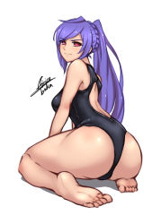 Rule 34 | 1girl, absurdres, airisubaka, alternate costume, alternate hairstyle, ass, back cutout, bare legs, bare shoulders, barefoot, black one-piece swimsuit, blue hair, braid, breasts, clothing cutout, feet, full body, highres, iris heart, kami jigen game neptune v, kneeling, long hair, looking at viewer, looking back, medium breasts, neptune (series), one-piece swimsuit, pink eyes, ponytail, power symbol, power symbol-shaped pupils, simple background, smile, solo, swimsuit, symbol-shaped pupils, very long hair, white background
