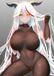 Rule 34 | 1girl, absurdres, aegir (azur lane), anaglyph, azur lane, bare shoulders, black horns, bodystocking, bodysuit, breasts, curvy, highres, horns, large breasts, long hair, looking at viewer, navel, parted lips, playing with own hair, shiki (psychedelic g2), smile, solo, thick thighs, thighs, third-party edit, very long hair, white hair, yellow eyes