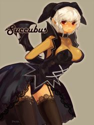 Rule 34 | 1girl, arm behind back, bad id, bad pixiv id, bat wings, black thighhighs, blush, breasts, cleavage, collar, colored skin, dark-skinned female, dark skin, demon girl, dress, elbow gloves, garter straps, gloves, hat, highres, joypyonn, lace, lace-trimmed legwear, lace trim, large breasts, leaning forward, looking at viewer, mabinogi, pointy ears, red eyes, short hair, simple background, solo, succubus (mabinogi), thighhighs, white hair, wings, yellow skin