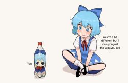 Rule 34 | 2girls, blue bow, blue dress, blue eyes, blue footwear, blue hair, blush, bottle, bow, bowtie, chibi, cirno, closed mouth, collar, collared shirt, commentary, doll, dress, english commentary, english text, fumo (doll), hair between eyes, highres, looking at another, looking to the side, multiple girls, nvi2762, pinafore dress, puffy short sleeves, puffy sleeves, red bow, red bowtie, red footwear, shadow, shirt, shoes, short hair, short sleeves, simple background, sitting, sleeveless dress, smile, socks, touhou, white background, white legwear, white shirt