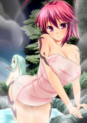 Rule 34 | 2girls, amasora taichi, antenna hair, ass, bare shoulders, bent over, blush, breasts, chinkyuu, cleavage, koihime musou, large breasts, looking back, multiple girls, naked towel, onsen, pink eyes, pink hair, ryofu, shin koihime musou, steam, tattoo, towel