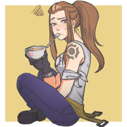 Rule 34 | 1girl, allen (aak12343523), arm tattoo, belt, bowl, brigitte (overwatch), brown eyes, brown hair, denim, freckles, highres, jeans, mouth hold, overwatch, overwatch 1, pants, ponytail, raised eyebrow, shoes, shoulder tattoo, simple background, sitting, solo, spoon, tank top, tattoo, yellow background