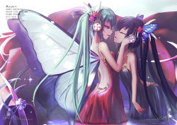 Rule 34 | 2girls, alternate eye color, alternate hair color, aqua hair, ass, bare shoulders, black hair, butt crack, butterfly hair ornament, butterfly wings, closed eyes, cocktail dress, dress, hair ornament, hatsune miku, headphones, insect wings, long hair, magnet (vocaloid), mirror opposites, multiple girls, red eyes, selfcest, time paradox, twintails, vocaloid, wangchuan de quanyan, wings, yuri