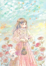 Rule 34 | 1girl, artist name, bag, blouse, blue sky, blush, brown bag, brown eyes, brown hair, cloud, cloudy sky, cropped legs, curly hair, dahlia, day, earrings, flower, frilled shirt collar, frilled sleeves, frills, hair ornament, hairclip, highres, holding, holding bag, jewelry, light particles, long hair, long skirt, looking ahead, momochy, orange flower, original, outdoors, pastel colors, pink flower, pink skirt, pleated skirt, pouch, rabbit, shirt, signature, skirt, sky, sleeves past elbows, smile, star (symbol), watch, white shirt, wristwatch