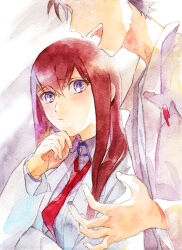 Rule 34 | 1boy, 1girl, :d, black hair, breast pocket, closed mouth, collared shirt, dress shirt, head out of frame, lab coat, long hair, long sleeves, looking at another, makise kurisu, necktie, okabe rintarou, open mouth, painting (medium), pen in pocket, pocket, purple eyes, red hair, red necktie, rocni, shirt, short hair, smile, steins;gate, straight hair, traditional media, watercolor (medium), white shirt, wing collar