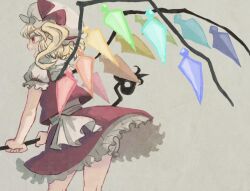 Rule 34 | 1girl, blonde hair, bloomers, commentary request, crystal, fang, feet out of frame, flandre scarlet, frilled skirt, frilled sleeves, frills, from behind, grey background, hat, hat ribbon, highres, jean (jean sp), laevatein (touhou), medium hair, mob cap, one side up, open mouth, profile, puffy short sleeves, puffy sleeves, red eyes, red ribbon, red skirt, red vest, ribbon, shirt, short sleeves, skirt, solo, touhou, underwear, vest, white hat, white shirt, wings