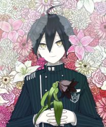 Rule 34 | 1boy, ahoge, black flower, black hair, brown eyes, buttons, closed mouth, commentary request, curtains, danganronpa (series), danganronpa v3: killing harmony, double-breasted, floral background, flower, from above, hair between eyes, hands up, holding, holding flower, jacket, kana (kttn r), long sleeves, looking at viewer, lying, male focus, on back, pale skin, pink flower, pink rose, red flower, rose, saihara shuichi, short hair, smile, solo, striped clothes, striped jacket, upper body