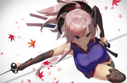 Rule 34 | 1girl, autumn leaves, black thighhighs, blue eyes, blush, breasts, commentary request, detached sleeves, fate/grand order, fate (series), gradient background, grey background, hair between eyes, holding, holding sword, holding weapon, japanese clothes, katana, kimono, large breasts, miyamoto musashi (fate), miyamoto musashi (first ascension) (fate), ponytail, purple kimono, scabbard, scottie (phantom2), sheath, short hair, short kimono, silver hair, slashing, sleeveless, sleeveless kimono, solo, sword, thighhighs, thighs, weapon, zettai ryouiki