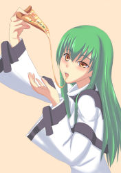 Rule 34 | 00s, 1girl, bodysuit, c.c., cheese, code geass, eating, food, green hair, long hair, open mouth, pizza, pizza slice, simple background, solo, towamin, yellow eyes
