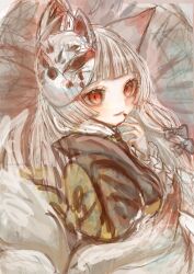 Rule 34 | 1girl, animal ears, back bow, black kimono, blunt bangs, blush, bow, fangs, fangs out, female focus, fox ears, fox girl, fox mask, fox tail, from behind, grey bow, grey hair, hair bow, hand to own mouth, hand up, highres, japanese clothes, kimono, long hair, looking at viewer, looking back, mask, mask on head, multiple tails, neverland+, original, parted lips, red eyes, red nails, sidelocks, sketch, slit pupils, smile, solo, standing, tail, teeth, upper body