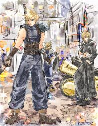Rule 34 | 6+boys, aged down, apron, armor, artist name, baggy pants, black footwear, black gloves, black pants, black sleeves, blonde hair, blue eyes, blue pants, blurry, blurry background, boots, box, brown footwear, brown gloves, building, buster sword, christmas, christmas lights, cloud strife, crisis core final fantasy vii, crossdressing, detached sleeves, dress, final fantasy, final fantasy vii, final fantasy vii advent children, final fantasy vii remake, full body, glint, gloves, hoehoe, holding, holding box, holding hands, holding phone, huge weapon, low ponytail, male focus, motor vehicle, motorcycle, multiple boys, multiple persona, official alternate costume, outdoors, pants, phone, ribbed sweater, scarf, shinra infantry uniform, shirt, short hair, shoulder armor, single bare shoulder, single detached sleeve, single shoulder pad, sleeveless, sleeveless turtleneck, spiked hair, square enix, standing, suspenders, sweater, talking on phone, turtleneck, turtleneck sweater, waist apron, weapon, weapon on back, white shirt