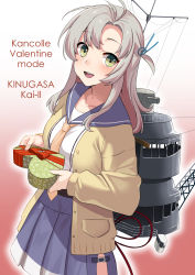Rule 34 | 1girl, :d, akagi kurage, antenna hair, blue sailor collar, blue skirt, blush, box, buttons, cardigan, character name, collarbone, gift, gift box, gradient background, green eyes, grey hair, heart-shaped box, highres, holding, holding gift, kantai collection, kinugasa (kancolle), kinugasa kai ni (kancolle), long hair, machinery, necktie, one side up, open mouth, pleated skirt, sailor collar, simple background, skirt, smile, smokestack, solo, teeth, upper body, upper teeth only, yellow cardigan