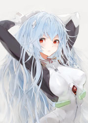 Rule 34 | 1girl, absurdres, arms behind head, arms up, ayanami rei, bana (stand flower), blue hair, blush, bodysuit, breasts, evangelion: 3.0+1.0 thrice upon a time, gloves, hair ornament, highres, long hair, looking at viewer, medium breasts, neon genesis evangelion, parted lips, plugsuit, rebuild of evangelion, red eyes, simple background, skin tight, solo, upper body, very long hair, white background, white bodysuit, white gloves