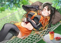 Rule 34 | 1girl, absurdres, black hair, black shirt, black thighhighs, book, borrowed character, breasts, capelet, commission, crop top, earrings, closed eyes, feet out of frame, food, from above, grass, hammock, highres, jewelry, large breasts, long hair, long sleeves, looking at viewer, lying, midriff, miniskirt, monero-chan, multicolored hair, navel, on back, open mouth, orange capelet, orange hair, orange skirt, original, pillow, second-party source, shirt, skeb commission, skirt, sleeping, smile, solo, thighhighs, two-tone hair, yam (yamap mako)