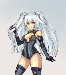 Rule 34 | 10s, 1girl, aqua eyes, bare shoulders, black heart (neptunia), breasts, center opening, cleavage, cleavage cutout, clothing cutout, cowboy shot, elbow gloves, flipped hair, gloves, gradient background, grey background, hair between eyes, halterneck, hand in own hair, hand up, headgear, hip focus, legs apart, leotard, light smile, long hair, looking at viewer, magical girl, neptune (series), no bra, noire (neptunia), power symbol, power symbol-shaped pupils, smile, solo, standing, symbol-shaped pupils, thighhighs, thighs, turtleneck, twintails, very long hair, white hair