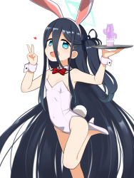 Rule 34 | 1girl, absurdres, animal ears, aqua eyes, aris (blue archive), black hair, blue archive, bow, bowtie, bunny day, commentary, covered navel, detached collar, fake animal ears, fake tail, flat chest, hair between eyes, halo, hands up, heart, high heels, highleg, highleg leotard, highres, holding, holding tray, leg up, leotard, long hair, looking at viewer, open mouth, playboy bunny, rabbit ears, rabbit tail, red bow, red bowtie, side ponytail, smile, solo, tail, tray, uno (mon chat noir), v, very long hair, white footwear, white leotard, wrist cuffs