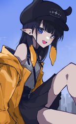Rule 34 | 1girl, absurdres, alternate costume, black hair, black hat, black skirt, blue eyes, blue sky, blunt bangs, commentary, english commentary, fang, hat, highres, hololive, hololive english, jacket, looking at viewer, mentally deficient, multicolored hair, ninomae ina&#039;nis, open mouth, orange hair, pointy ears, shirt, skin fang, skirt, sky, sleeveless, solo, tentacle hair, two-tone hair, virtual youtuber, white shirt, yellow jacket