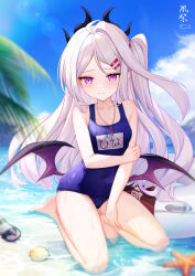 1girl absurdres ahoge bare_arms barefoot blue_archive blue_one-piece_swimsuit blue_sky blurry blurry_background closed_mouth cloud collarbone covered_navel day demon_girl demon_horns demon_wings depth_of_field grabbing_own_arm hair_between_eyes hair_ornament hairclip highres hina_(blue_archive) hina_(swimsuit)_(blue_archive) horns innertube kazamatsuri_honatsu kneeling lens_flare long_hair looking_at_viewer one-piece_swimsuit outdoors palm_tree purple_eyes sandals school_swimsuit seashell shell sidelocks sky solo starfish swim_ring swimsuit tree unworn_sandals whistle whistle_around_neck white_hair wings