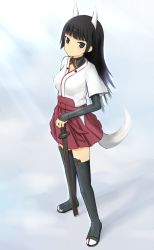 Rule 34 | 1girl, anabuki tomoko, animal ears, black hair, boots, breasts, japanese clothes, long hair, medium breasts, rasielcochma, skirt, solo, strike witches, strike witches: suomus misfits squadron, sword, tail, thigh boots, thighhighs, weapon, world witches series