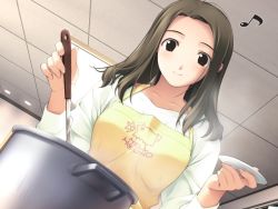 Rule 34 | 1girl, apron, black eyes, black hair, blouse, blush, brown eyes, brown hair, ceiling, closed mouth, clothes writing, cooking, cooking pot, dutch angle, english text, from below, hashimoto takashi, holding, indoors, ladle, light, light smile, lights, long hair, long sleeves, looking at viewer, mole, mole under eye, musical note, plate, shirt, smile, solo, spoken musical note, tasting plate, tiles, toomine nagisa, upper body, white breath, white shirt