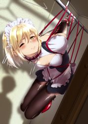 Rule 34 | 1girl, absurdres, apron, armbinder, arms behind back, bdsm, black thighhighs, blonde hair, blush, bondage, bound, bound arms, breasts, chain, cleavage cutout, closet, clothes hanger, clothing cutout, commentary request, high heels, highres, maid, maid apron, maid headdress, medium breasts, one eye closed, original, red footwear, restrained, sarujie (broken monky), short hair, silhouette, suspension, thighhighs, yellow eyes