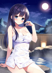 Rule 34 | 1girl, bare arms, bare shoulders, black hair, blue eyes, blush, braid, breasts, cleavage, closed mouth, cloud, collarbone, commentary request, fence, full moon, hand up, lantern, long hair, looking at viewer, makinohara shouko, mauve, medium breasts, moon, naked towel, night, night sky, onsen, outdoors, seishun buta yarou, sky, smile, solo, star (sky), starry sky, towel, very long hair, water