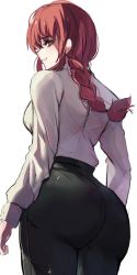 Rule 34 | 1girl, ass, braid, chainsaw man, denim, highres, hinghoi, jeans, long hair, long sleeves, looking at viewer, looking back, makima (chainsaw man), pants, pantylines, red hair, shirt, single braid, solo, white background, white shirt, yellow eyes