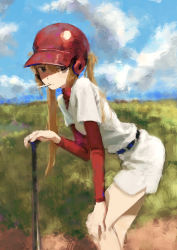 Rule 34 | 1girl, 7ife, absurdres, bad id, bad pixiv id, baseball bat, baseball helmet, baseball uniform, blue sky, brown eyes, cloud, cowboy shot, day, grass, helmet, highres, layered sleeves, leaning forward, long hair, long sleeves, looking at viewer, mouth hold, orange hair, original, outdoors, painterly, red shirt, shirt, short over long sleeves, short sleeves, shorts, sky, solo, sportswear, stalk in mouth, twintails, white shirt, white shorts