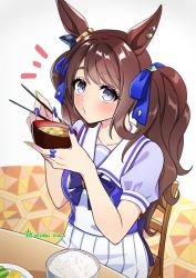 Rule 34 | 1girl, animal ears, blurry, blurry background, blush, bowl, breasts, brown hair, chair, chopsticks, food, grey eyes, highres, holding, holding bowl, holding chopsticks, horse ears, jewelry, long hair, looking at viewer, medium breasts, multicolored nails, nail polish, notice lines, puckered lips, puffy short sleeves, puffy sleeves, purple shirt, rice, ring, school uniform, shirt, short sleeves, sitting, skirt, solo, soup, table, tohka 10days, tosen jordan (umamusume), tracen school uniform, twintails, twitter username, umamusume, white skirt