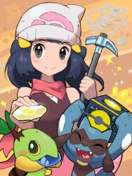 Rule 34 | 1girl, aerodactyl, arc draws, beanie, blue hair, closed mouth, creatures (company), dark blue hair, dawn (pokemon), evolutionary stone, fossil, game freak, gen 1 pokemon, gen 4 pokemon, grey eyes, hair ornament, hands up, hat, helix fossil, highres, holding, holding pickaxe, nintendo, pickaxe, pink scarf, pokemon, pokemon (creature), pokemon bdsp, riolu, scarf, shiny stone (pokemon), short hair, smile, split mouth, turtwig, water stone, white headwear