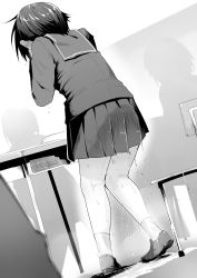 Rule 34 | 1girl, absurdres, blush, chair, commission, desk, ear blush, embarrassed, female focus, greyscale, highres, indoors, kneepits, knees together feet apart, leaning forward, long sleeves, miniskirt, monochrome, onsen mikan, original, pee, peeing, peeing self, people, pleated skirt, puddle, sailor collar, school chair, school desk, school uniform, serafuku, shirt, shoes, short hair, silhouette, skeb commission, sketch, skirt, socks, solo focus, sparkle, wet, wet clothes
