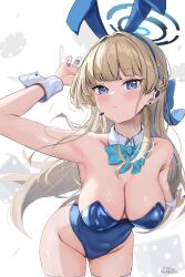 1girl absurdres animal_ears arm_up armpits bare_shoulders blonde_hair blue_archive blue_bow blue_bowtie blue_eyes blue_halo blue_leotard blue_nails bow bowtie breasts cleavage detached_collar earpiece fake_animal_ears fingernails halo highleg highleg_one-piece_swimsuit highres large_breasts leaning_forward leotard looking_at_viewer mixed-language_commentary nail_polish official_alternate_costume official_alternate_hairstyle one-piece_swimsuit playboy_bunny rabbit_ears shem_kako solo strapless strapless_leotard swimsuit thighhighs toki_(blue_archive) toki_(bunny)_(blue_archive) white_thighhighs white_wrist_cuffs wrist_cuffs