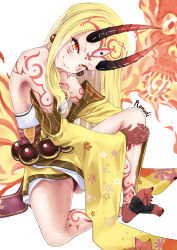 Rule 34 | 1girl, absurdres, bare shoulders, beads, blonde hair, blush, breasts, closed mouth, earrings, facial mark, fate/grand order, fate (series), feet, fire, floral print, forehead, forehead mark, hair pulled back, head tilt, highres, horns, ibaraki douji (fate), japanese clothes, jewelry, kimono, knee up, legs, long hair, long sleeves, looking at viewer, obi, off shoulder, oni, oni horns, pointy ears, rarudi, sash, simple background, sitting, skull, small breasts, smile, soles, tattoo, white background, wide sleeves, yellow eyes, yellow kimono