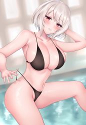 Rule 34 | 1girl, arm behind head, bare shoulders, bikini, blush, breasts, cleavage, collarbone, crimecrime, highres, large breasts, looking at viewer, navel, original, parted lips, red eyes, short hair, silver hair, smile, solo, swept bangs, swimsuit, thighs