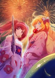 Rule 34 | 2girls, ahoge, aruku001, blonde hair, blue eyes, bow, candy apple, cherry blossom print, closed mouth, fireworks, floral print, food, gun, hair bow, hanazono yurine, highres, holding, holding gun, holding weapon, japanese clothes, jashin-chan, jashin-chan dropkick, kimono, lamia, long hair, looking at viewer, monster girl, multiple girls, pink bow, pink kimono, print kimono, purple sash, red eyes, red hair, sash, smile, summer festival, tongue, tongue out, twintails, weapon