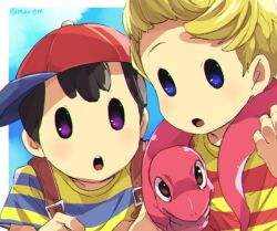 Rule 34 | 2boys, :o, artist name, baseball cap, black hair, blonde hair, blue eyes, blue shirt, blue sky, blush, border, cloud, commentary request, day, hand up, hat, looking at viewer, lucas (mother 3), male focus, mimxxpk, mother (game), mother 2, mother 3, multicolored clothes, multiple boys, ness (mother 2), nintendo, open mouth, outside border, purple eyes, quiff, red headwear, red shirt, shirt, short hair, short sleeves, sideways hat, sky, snake, striped clothes, striped shirt, t-shirt, teeth, twitter username, two-tone shirt, upper body, upper teeth only, white border, yellow shirt