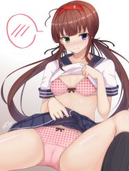 Rule 34 | 10s, 1girl, ahoge, bad id, bad pixiv id, black ribbon, black socks, blue eyes, blue skirt, blush, bow, bow bra, bow panties, bra, breasts, brown background, brown hair, cameltoe, closed mouth, clothes lift, collarbone, commentary request, gradient background, green eyes, hair ribbon, hairband, heterochromia, highres, kneehighs, lifted by self, low twintails, nose blush, panties, pink bra, pink panties, pleated skirt, polka dot, polka dot bra, polka dot panties, ramchi, red hairband, ribbon, ryoubi (senran kagura), school uniform, senran kagura, serafuku, shirt, shirt lift, short sleeves, signature, skirt, skirt lift, small breasts, socks, solo, spoken blush, spread legs, sweat, thighs, twintails, underwear, white background, white shirt